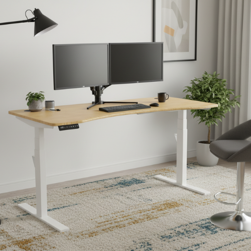 Leap Electric Dual Motor Height Adjustable Curved Sit Stand Desk Portal Top W1200xD700xH615-1265mm Natural Light Bamboo Top White Frame 10 Year Warranty